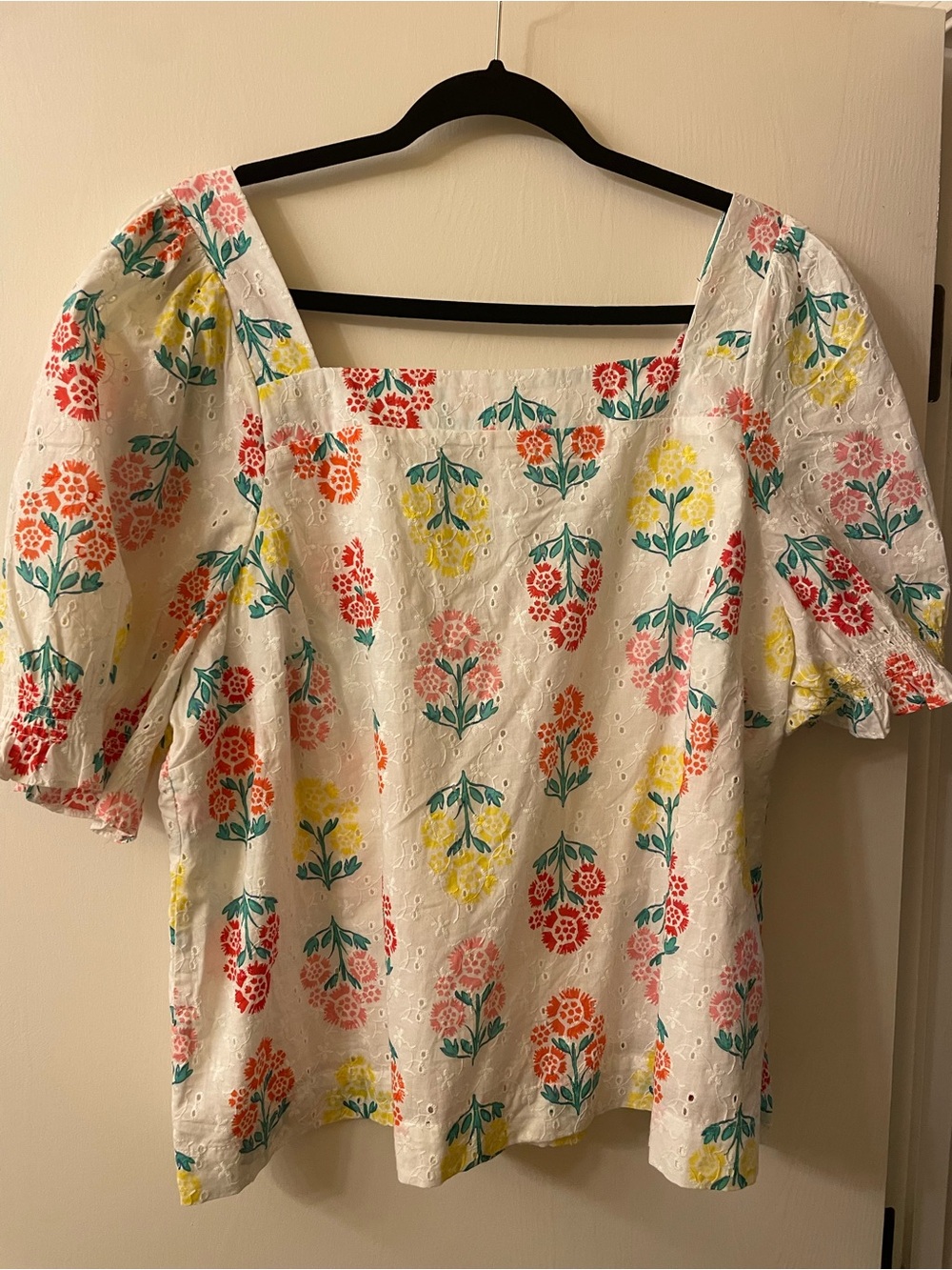 Draper James White Eyelet Square-Neck Blouse with Multicolor Floral Print